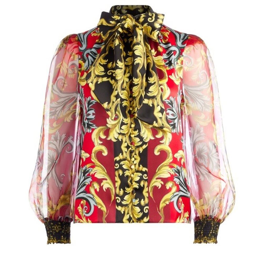 Alice + Olivia Red, Black, Yellow Printed Bow Blouse
